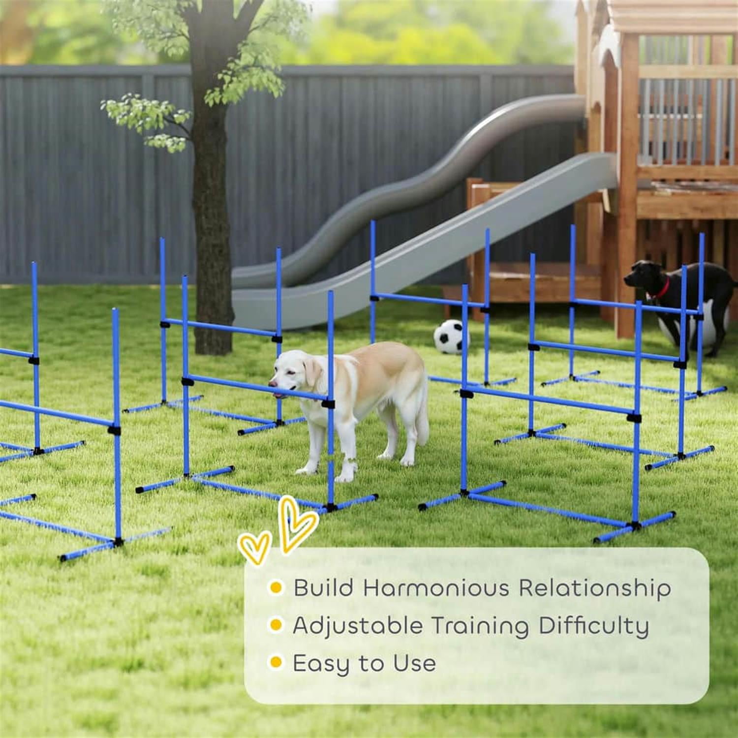 Kadyn 8-Piece Dog Agility Set with Height-Adjustable Bars, Portable Bag, Replacement Top Bar for Dog Training, Pet Agility, Blue