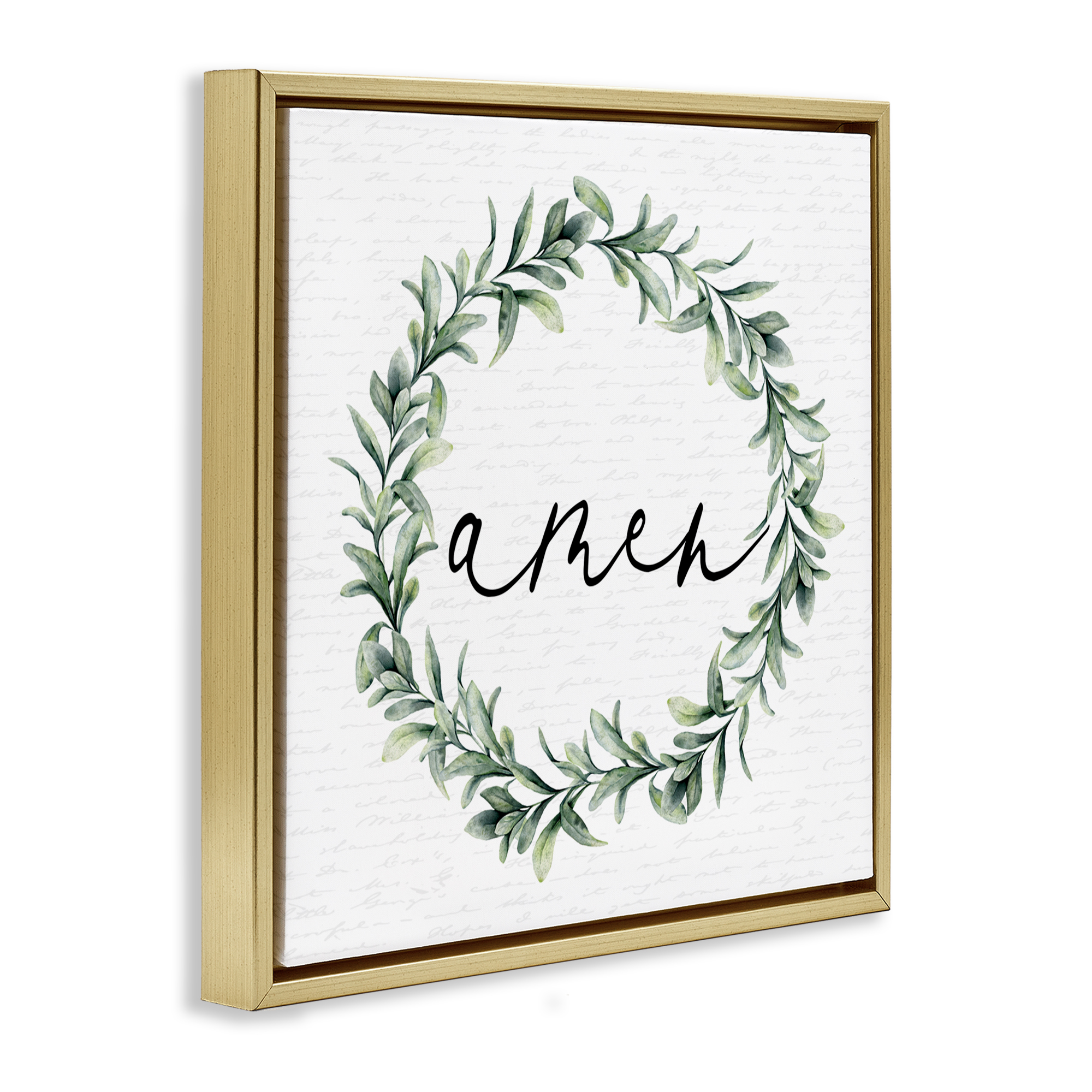 Amen Botanical Wreath & Script Gold Framed Floater Canvas Wall Art, design by Lettered and Lined