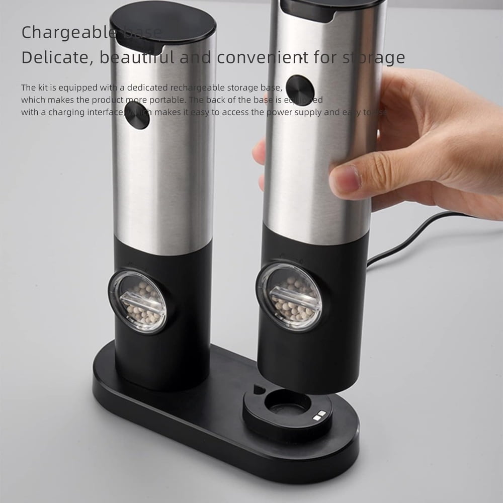 Electric Gravity Salt and Pepper Grinder Set with Rechargeable Base, Refillable Spice Automatic Pepper Mill Shakers Set, Adjustable Coarseness, Battery Powered with LED Light, 2 Pack