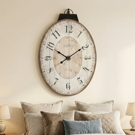 MODE HOME 29 Large Oval Wall Clock, Vintage French Farmhouse Wooden Decorative Clock with Arabic Numerals for Living Room Centerpiece