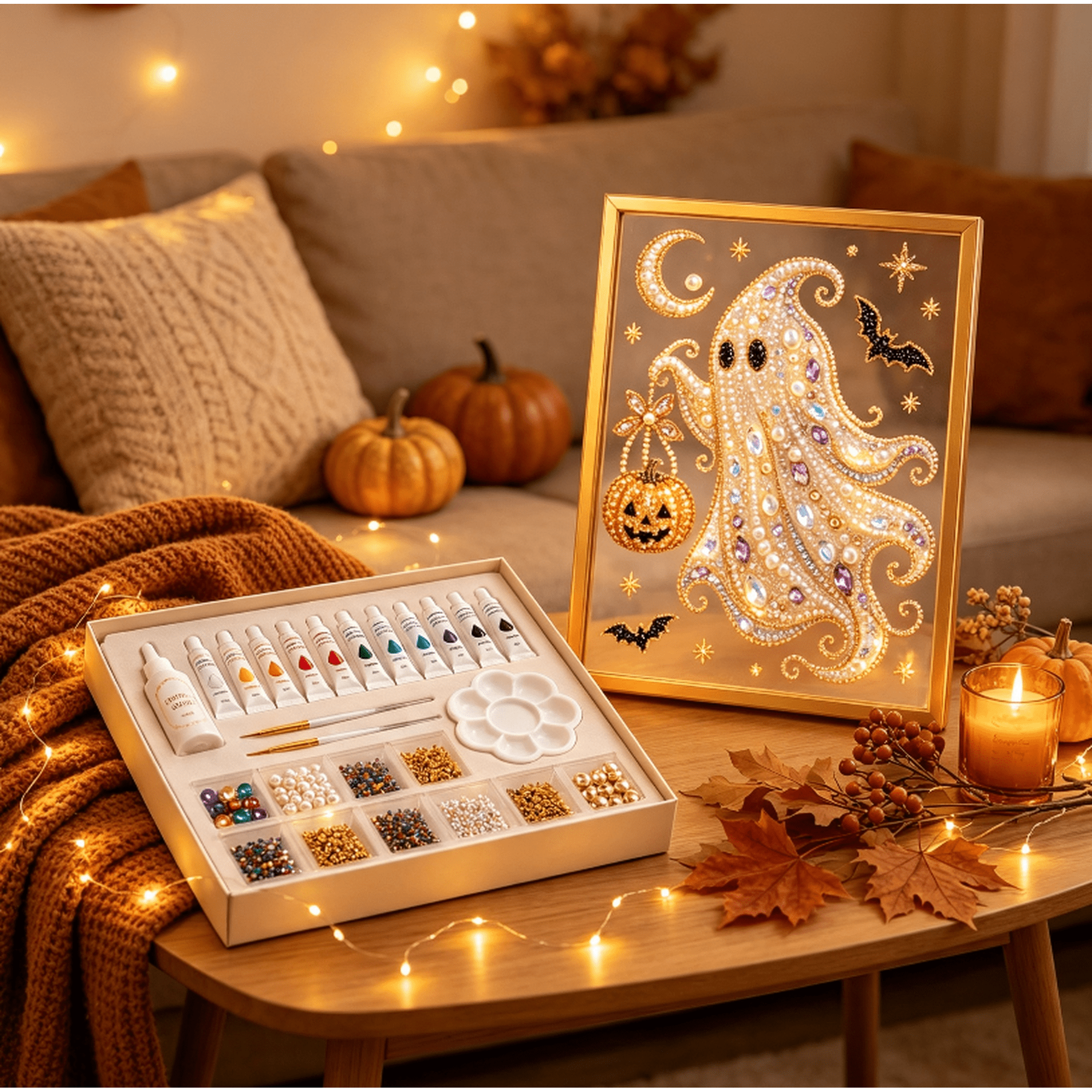 DIY Jeweled Halloween Art Kit Beginner jewel painting craft kit contains all materials needed to make custom framed ghost themed home art decoration