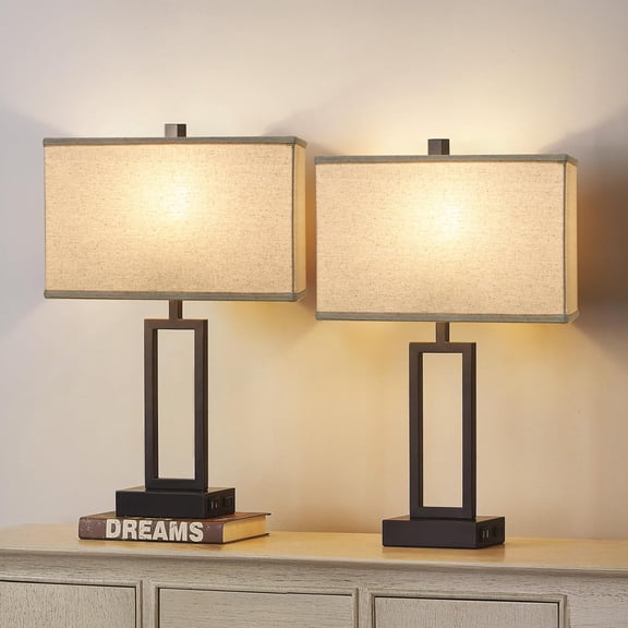 Rectangle Lamp Shades Set of 2, 16"L x 8"W x 10"H Large Beige Lampshades for Table Lamps Floor Lamps, Natural Linen Lamp Shade Replacement, Spider, Harp Holders Included, Easy Assembly Required