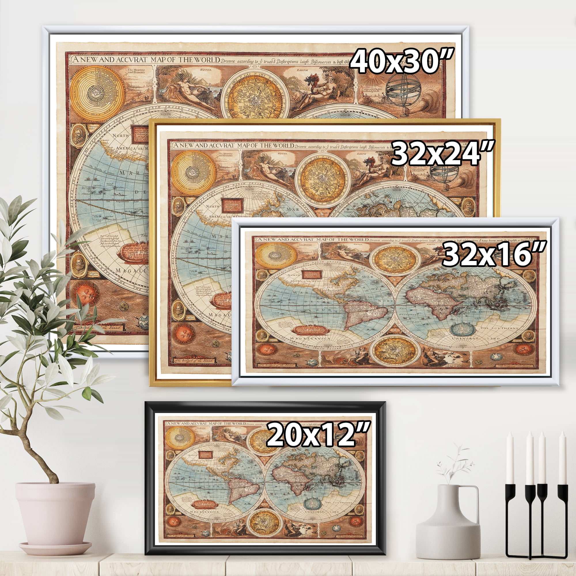 Designart 'Vintage Map of The World VIII' Vintage Framed Canvas Wall Art Print