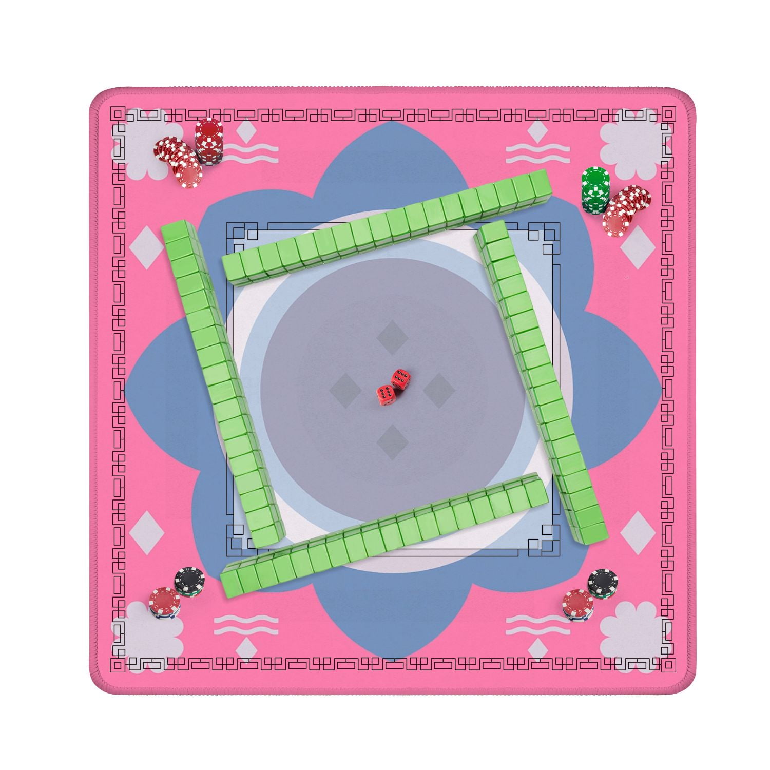 Mahjong Mat 31.5" x 31.5" Geometric Floral Blue Tones Pink Anti-Slip and Noise Reduction Symmetry Design Mahjong Tiles Table Cover for Dominoes Poker Card Board and Tile Games
