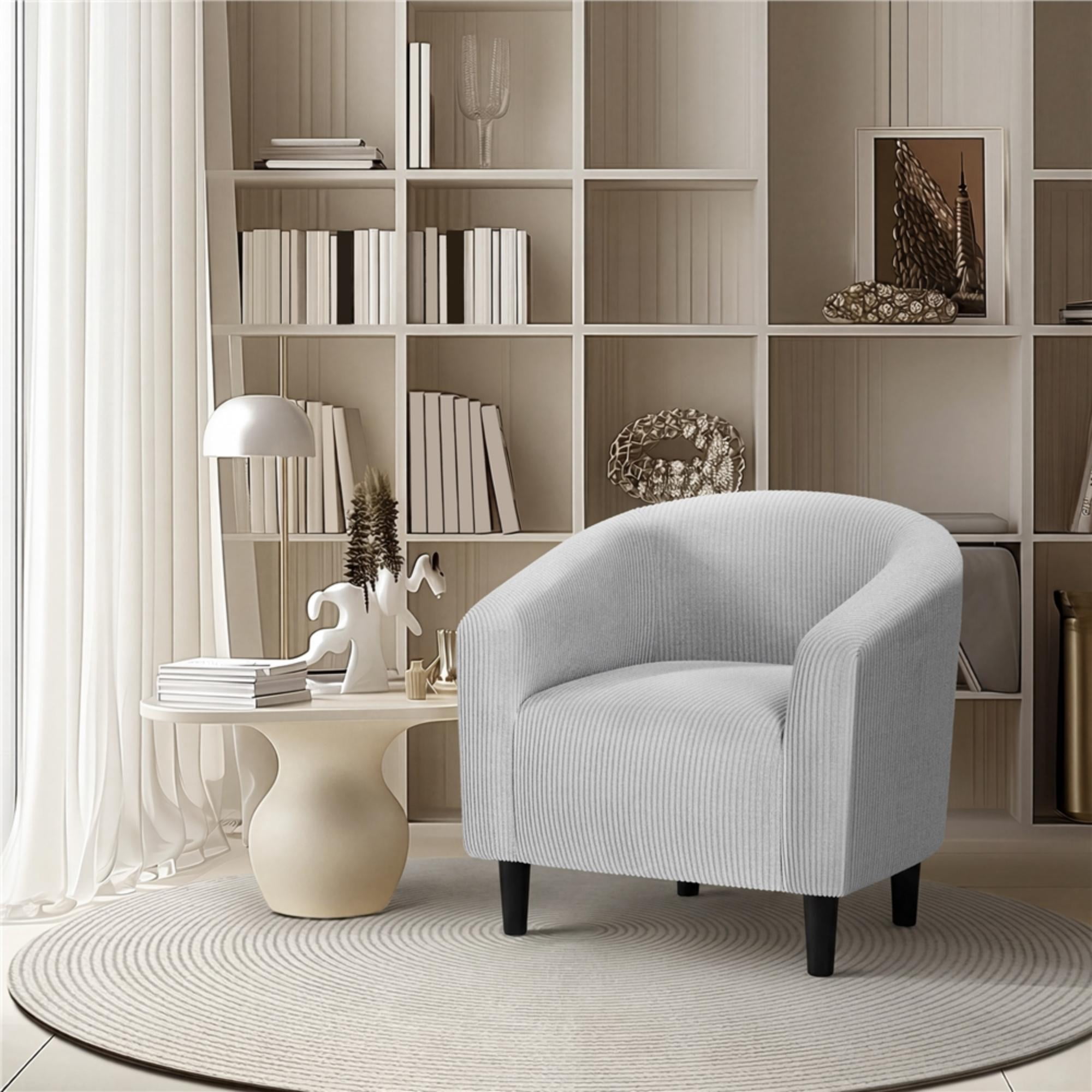Renwick Corduroy Fabric Accent Barrel Chair with Elastic Foam Fills, Light Gray