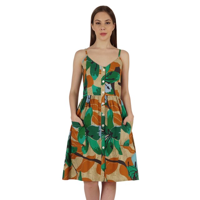 Moomaya Printed Adjustable Spaghetti Strap Dress For Women Summer Midi Dress with Pockets