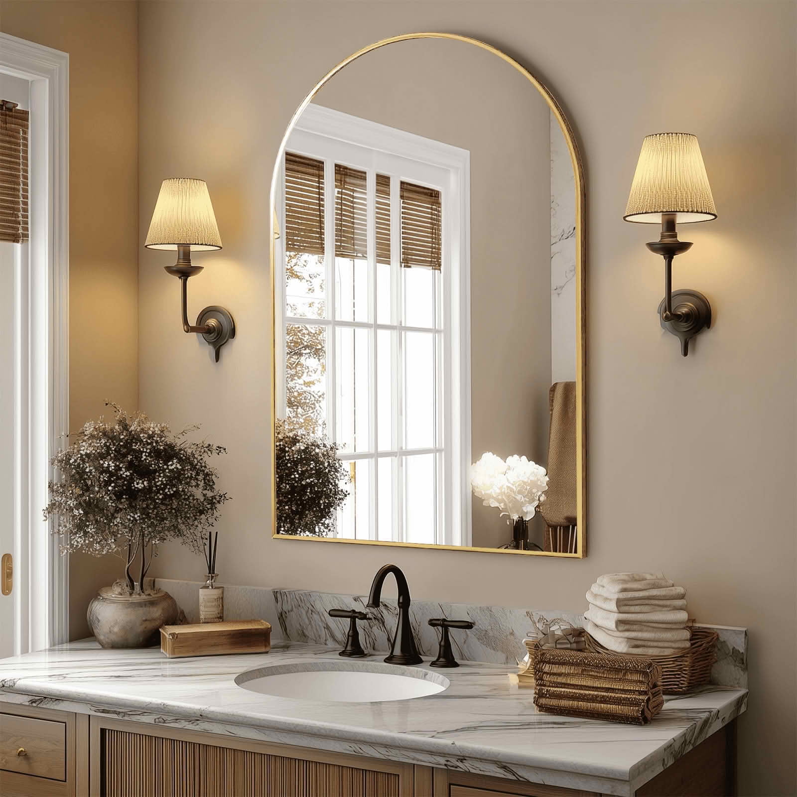 MAYEERTY 26"x38" Arched Bathroom Wall Mirror, Metal Frame, Bedroom Entryway Living Room，Gold