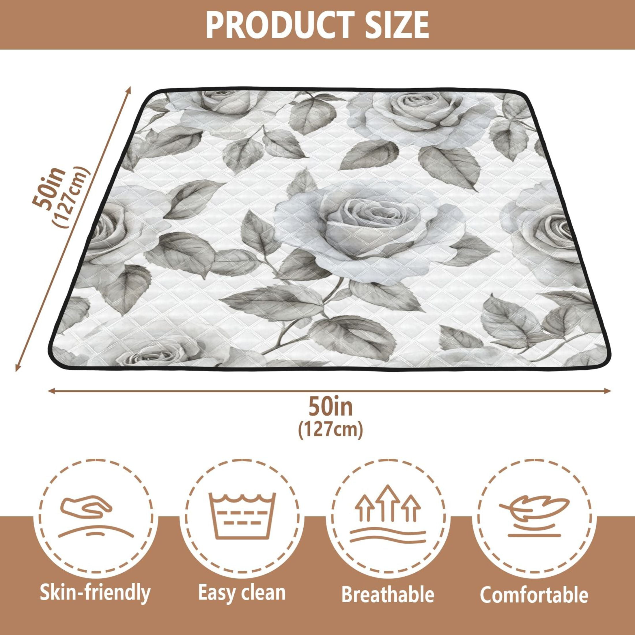 WOBOGO Rose Pattern in Gray and White Tones Baby Playmats Extra Large Waterproof Rollable Activity Pads for Toddlers 50×50inch