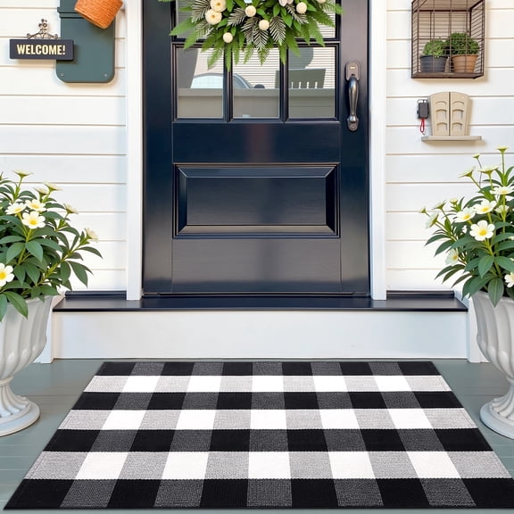 Buganda Buffalo Plaid Area Rug, Black and White 2'4"x3'7" Washable Cotton Carpet, Indoor Outdoor Rugs for Living Room, Kitchen, Patio, All Season Home Decor
