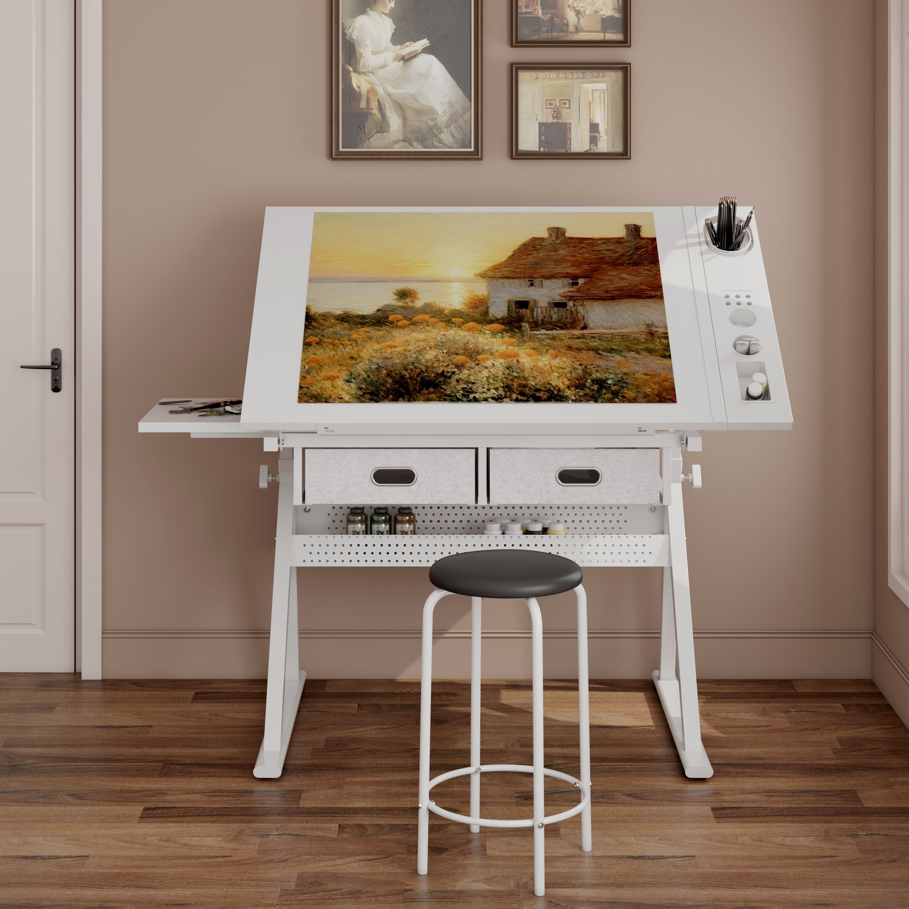 Adjustable Drafting Table, Draft Top Art Desk, Tilting Drawing & Art Craft Table with Storage, Height Adjustable Workstation with 2 Drawers and Stool for Artists, Home Office & School, All White