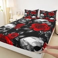 thumbnail image 4 of Homewish Classic Gothic Halloween Skull Bed Sheets,Red Rose Branch Print Full Size Sheets,Black Red White,4 Pieces,1 Flat Sheet,1 Fitted Sheet and 2 Pillowcases, 4 of 6