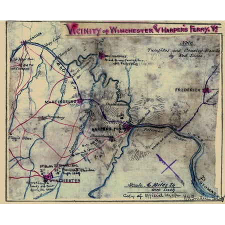 Winchester 63 Changing Hands 46 Times at Westchester Va Detail of a printed map of Winchester Va and environs with annotations and additions by Sneden Additions include inclusion of roads notes about and dates of ()
