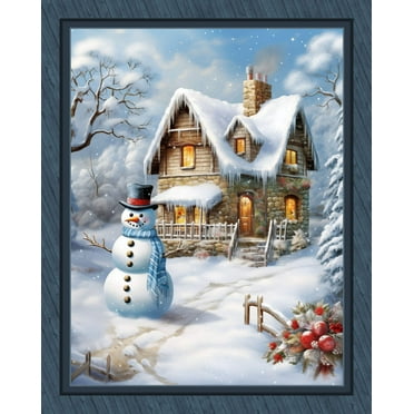 Snowman Cottage Panel Cotton Fabric