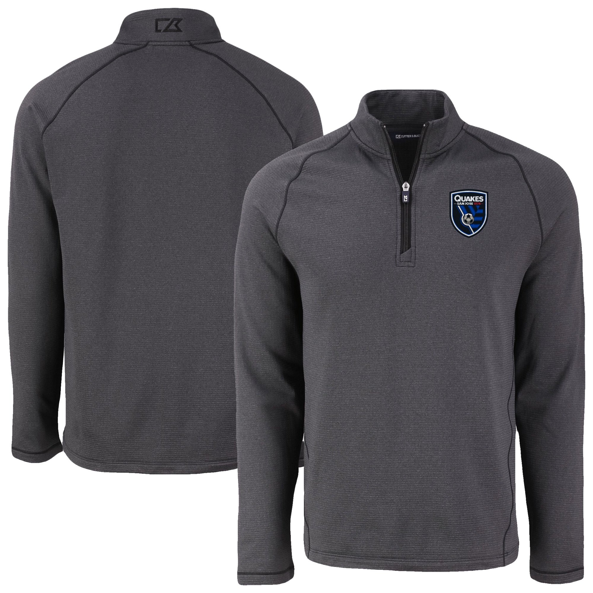 Men's-Cutter & Buck Heather Black San Jose Earthquakes Peshastin Eco Fleece Recycled Raglan Half-Zip Top