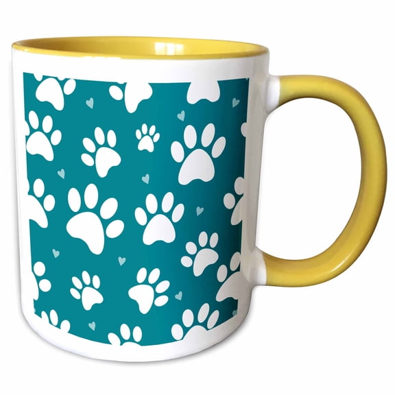 3drose, Teal and White Dog Paw Print Pattern, 15oz Two-tone Yellow Mug