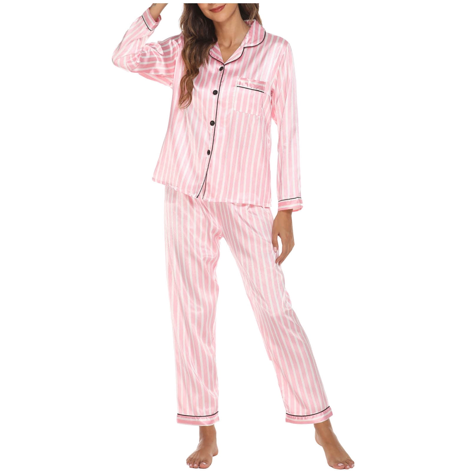 Womens Pajamas Set Long Sleeve Sleepwear Button Down Nightwear Soft ...