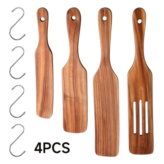 Wooden Cooking Utensil Set, 4 Pcs Wood Spoons for Cooking, Kitchen Utensils Set for Nonstick Pots, 4 Hooks Included, Heat Resistant