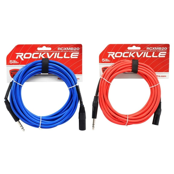 2 Rockville 20' Male REAN XLR to 1/4'' TRS Balanced Cable (Red and Blue)