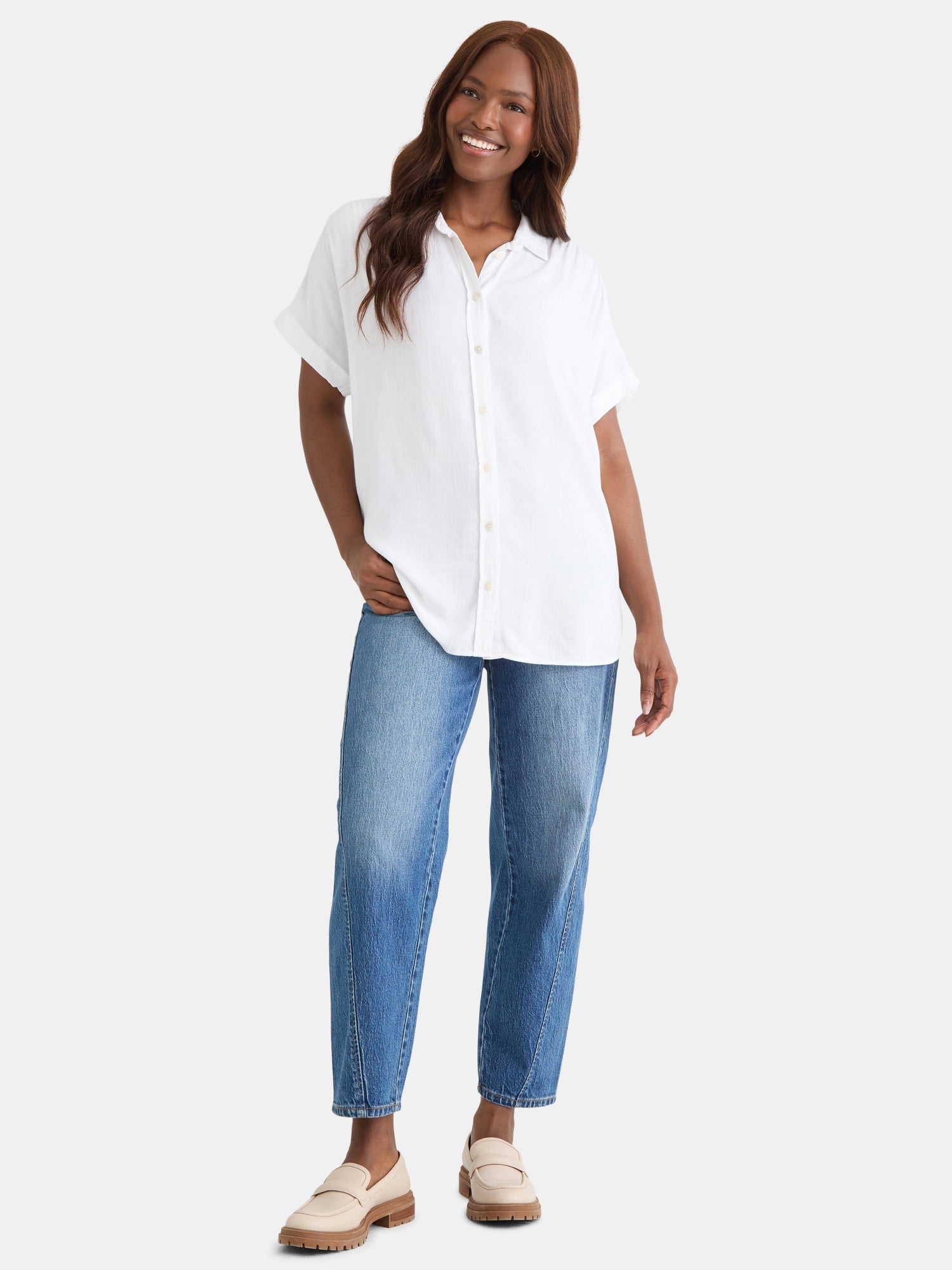 Time and Tru Women's Camp Shirt with Short Sleeves, Sizes XS-XXXL
