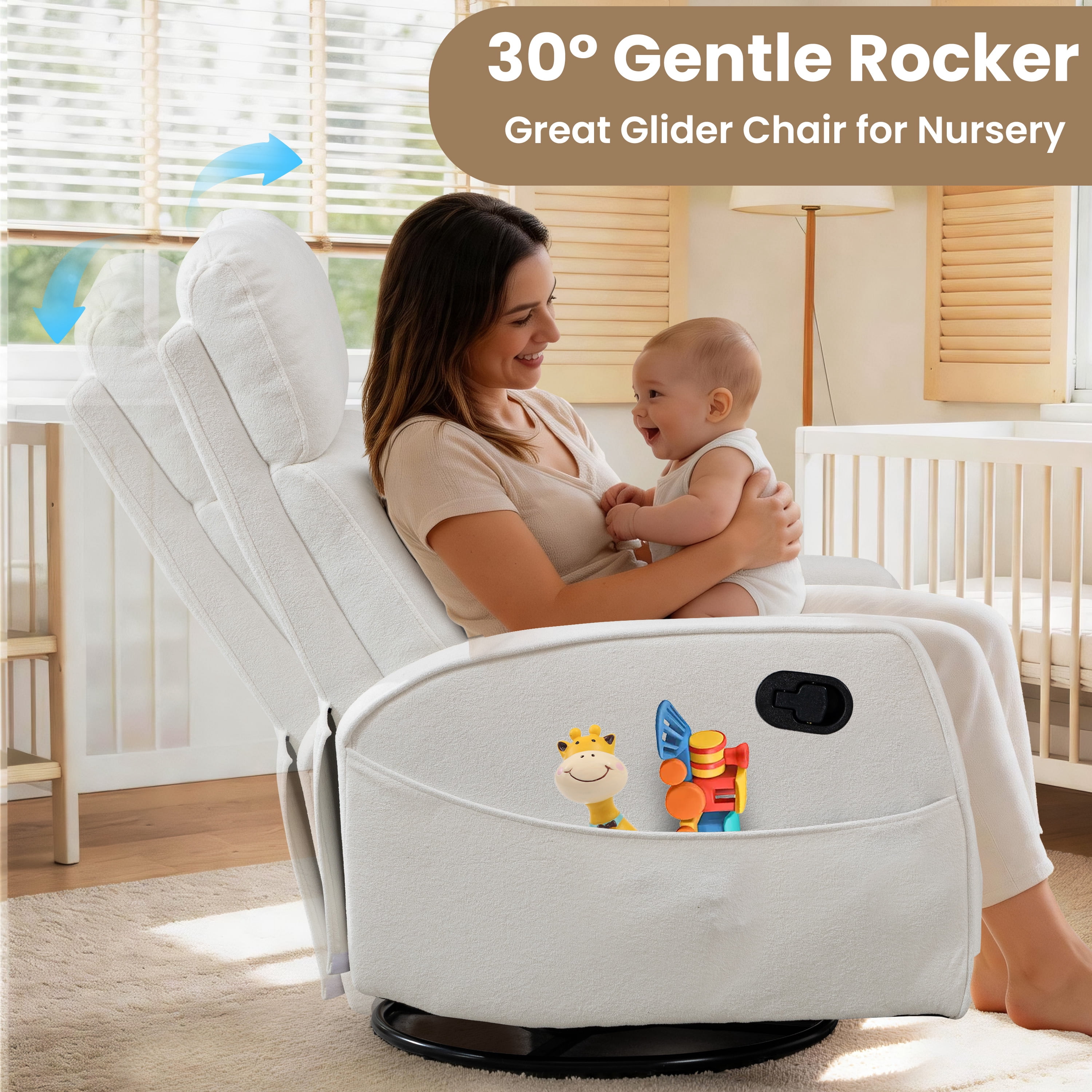 Rocker Recliner with Heat and Massage, LEGAHOME Velvet Upholstered 360° Swivel Rocking Recliner, Small Rocker Recliner with Side Pockets for Small Space, Manual Rocking Chair for Nursery, Beige