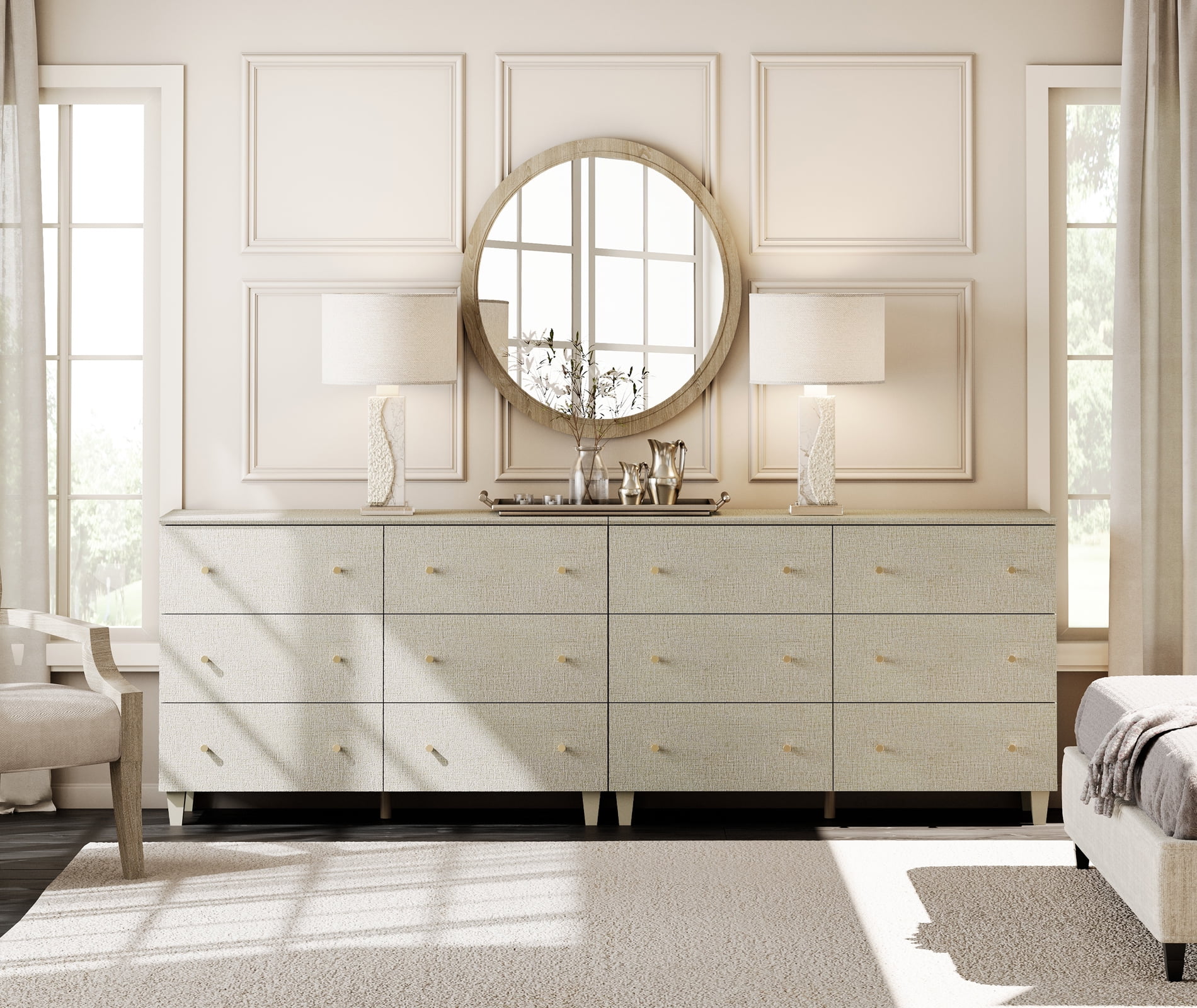 Modern 12-Drawer Double Dresser, Wood Chest of Drawers with Beige Linen Printed Finish, 95" Wide