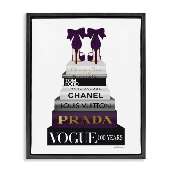 Stupell Industries Modern Fashion Designer Shoes Bookstack Purple Gold Watercolor Black Floating Frame Canvas Art, 17 x 21, by Amanda Greenwood