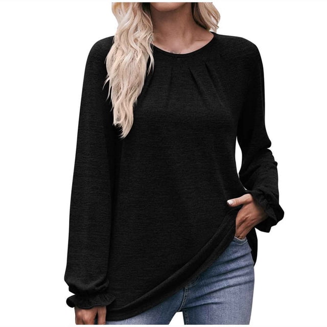 Pompotops T-shirt Ample à Manches Longues à Col Rond Uni pour Femme en Solde
