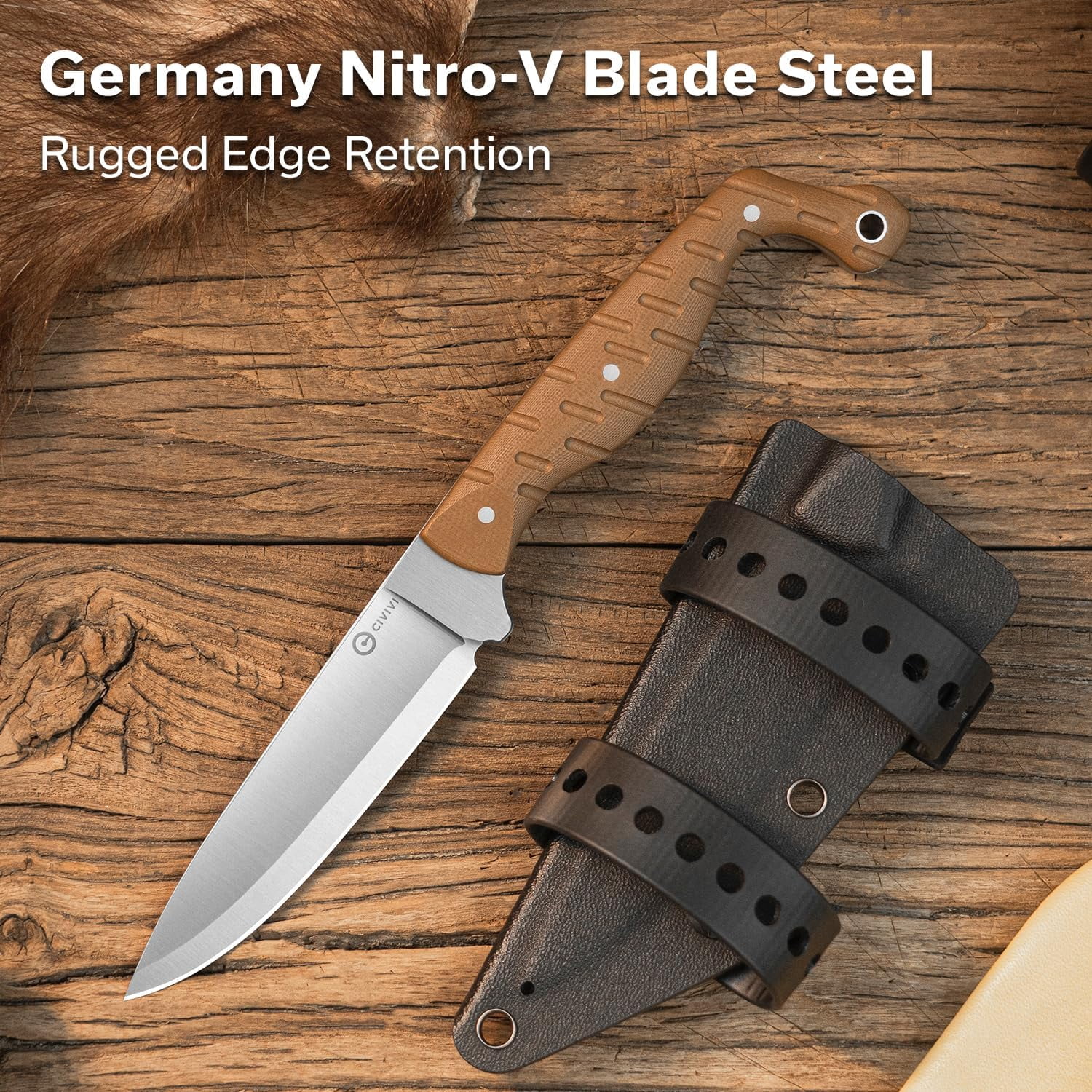 CIVIVI MDRN Hunter EDC Fixed Blade Knife with Kydex Sheath, Tactical Knife with 4.12" Nitro-V Blade G10 Handle for Survival Camping Hiking Hunting C23078-2, Gray