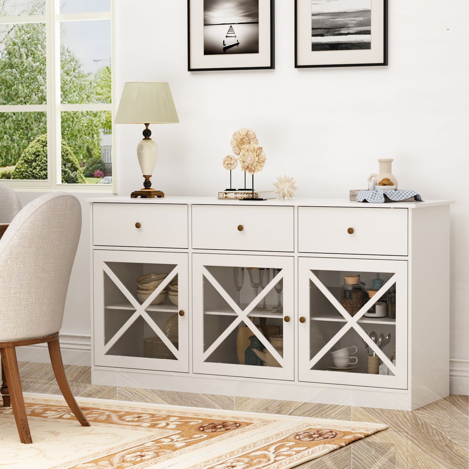 FUFU&GAGA Sideboard Buffet Storage Cabinet with 3 Drawers and Acrylic ...