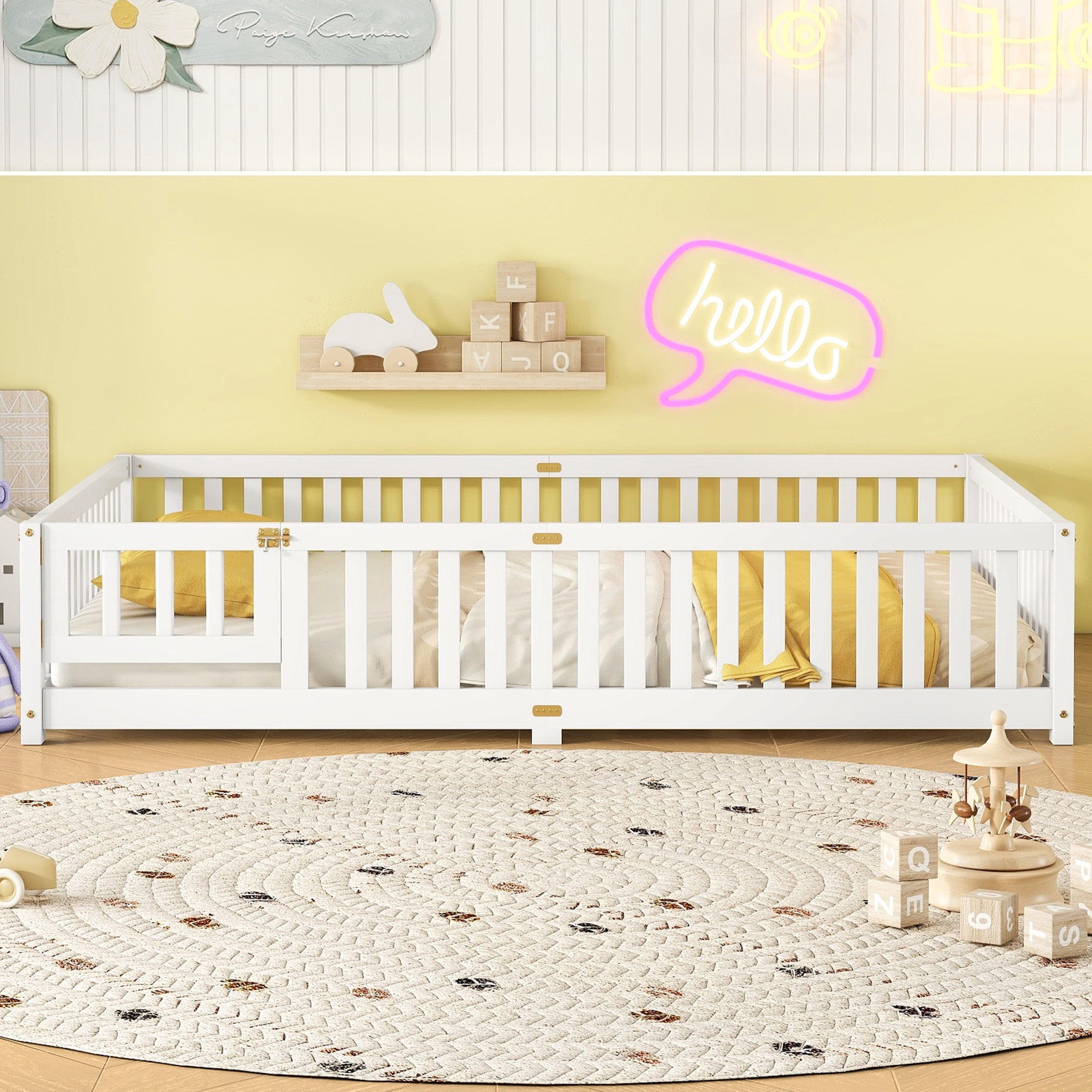Aukfa Queen Size Floor Bed for Kids, Girls, Boys, Wood Montessori Bed Frame with Safety Guardrails and Door, White