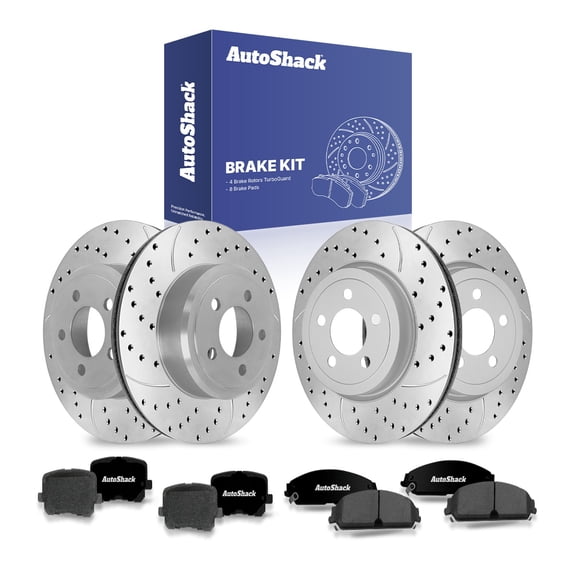 AutoShack Front Vented & Rear Vented Drilled & Slotted Coated Brake Rotors Silver Matte Finish   Ceramic Pads 12-PC Brake Kit Replacement for 2014 Dodge Charger TurboGuard