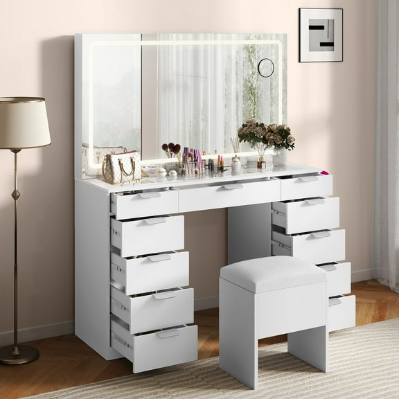 UFORIC Vanity Desk with LED Lights & Mirror & Charging Hub & Storage, Makeup Table for Dressing Area or Bedroom, White