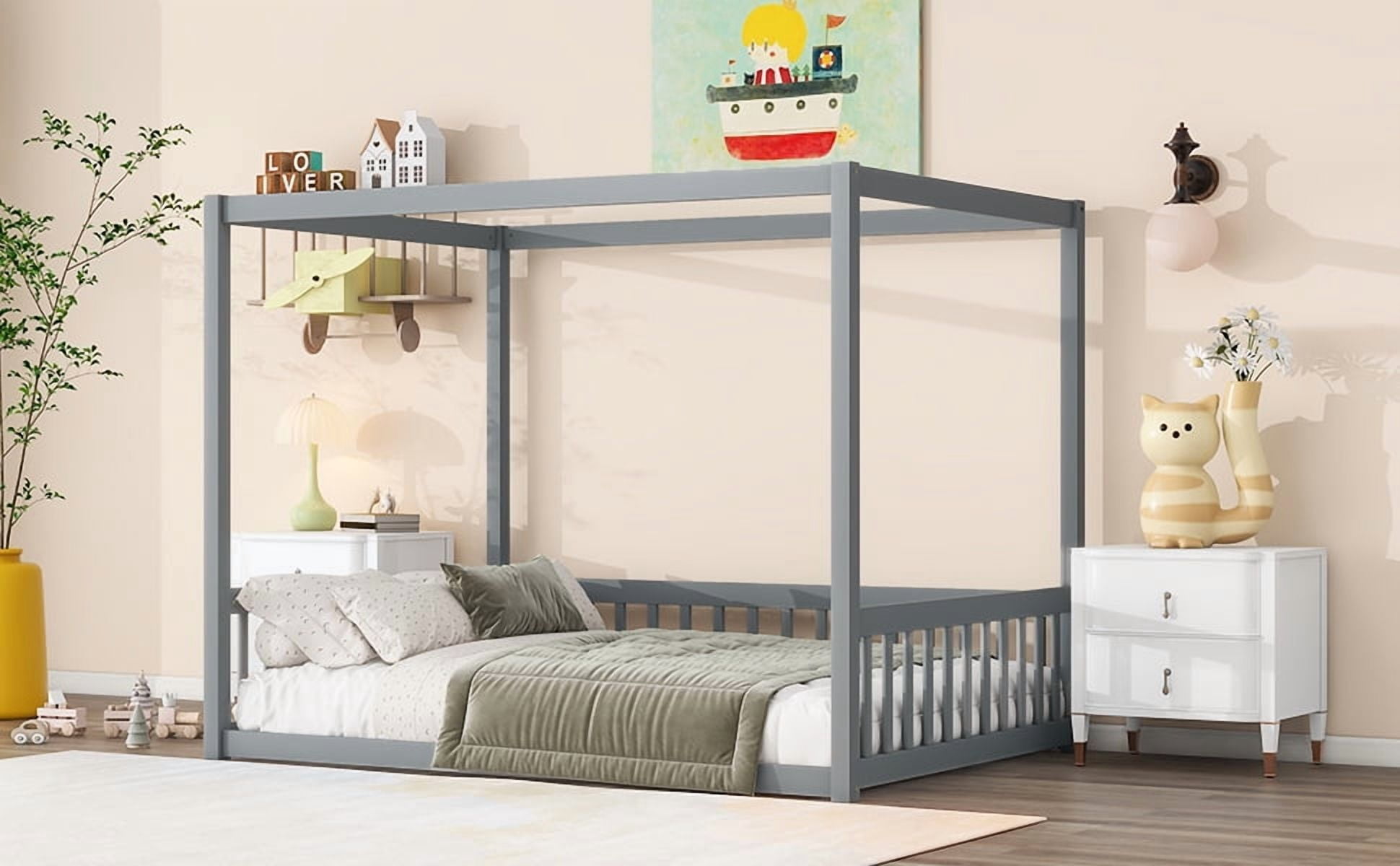 Sailvan Full Size Canopy Frame Rubber Wood Floor Bed with Fence,Guardrails