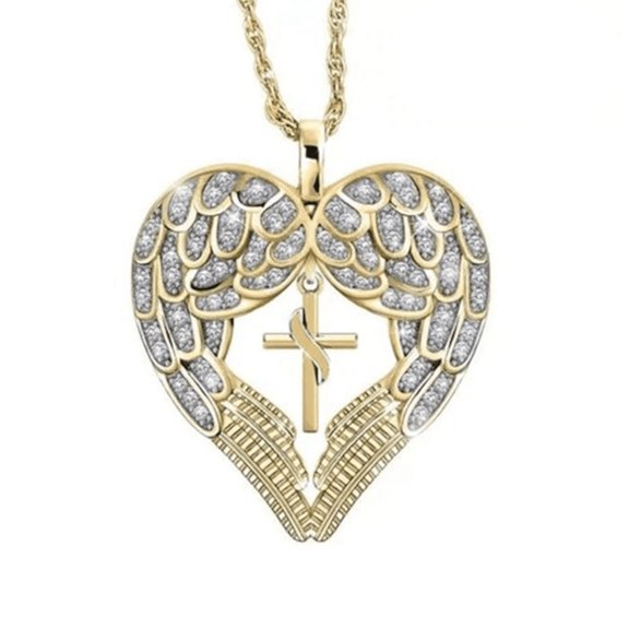 Crystal Anti-Tarnish Heart Necklace Angel Wing Cross in Center Of Pendant Jewelry-327