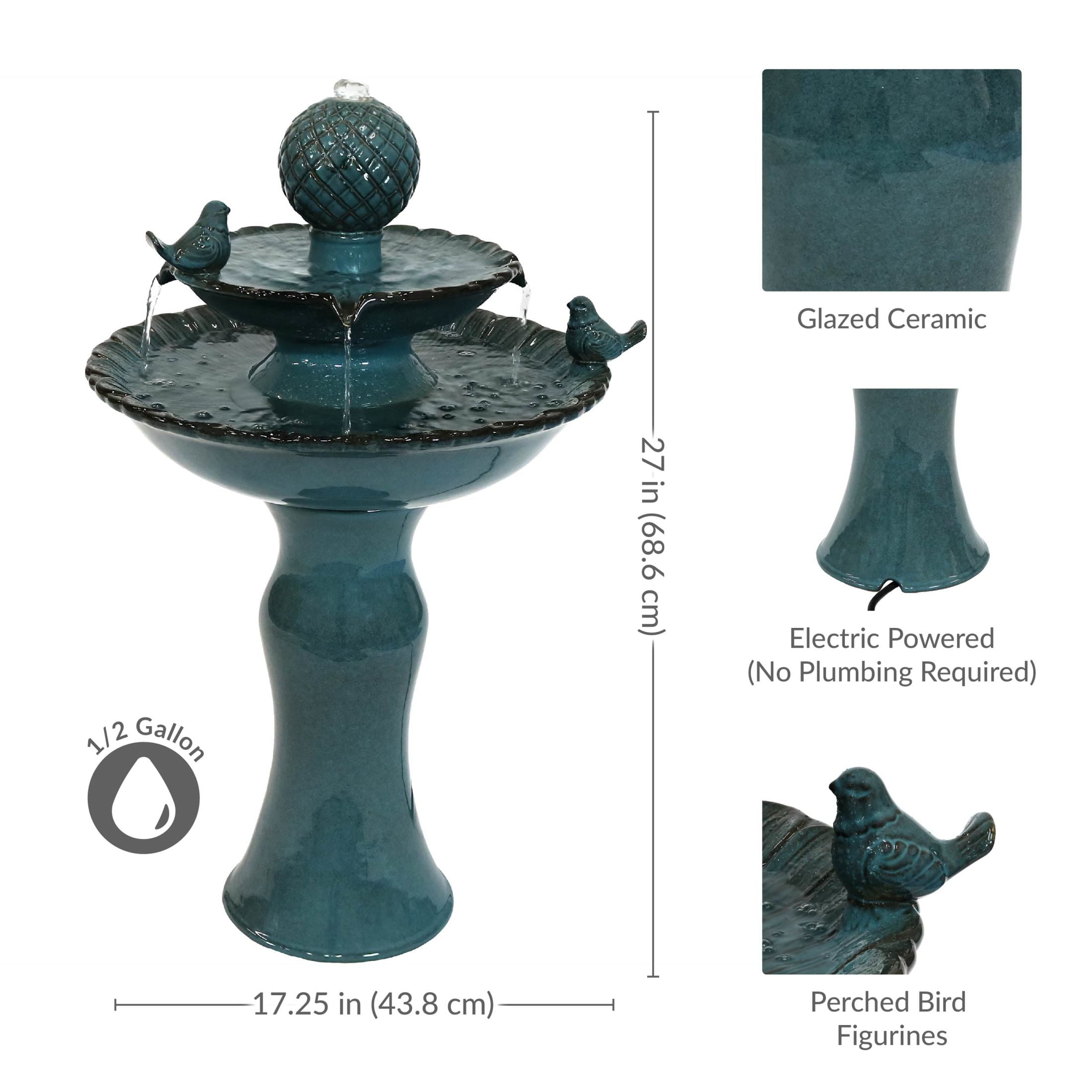 Sunnydaze Resting Birds Contemporary Blue Ceramic 2-Tiered Outdoor Water Fountain
