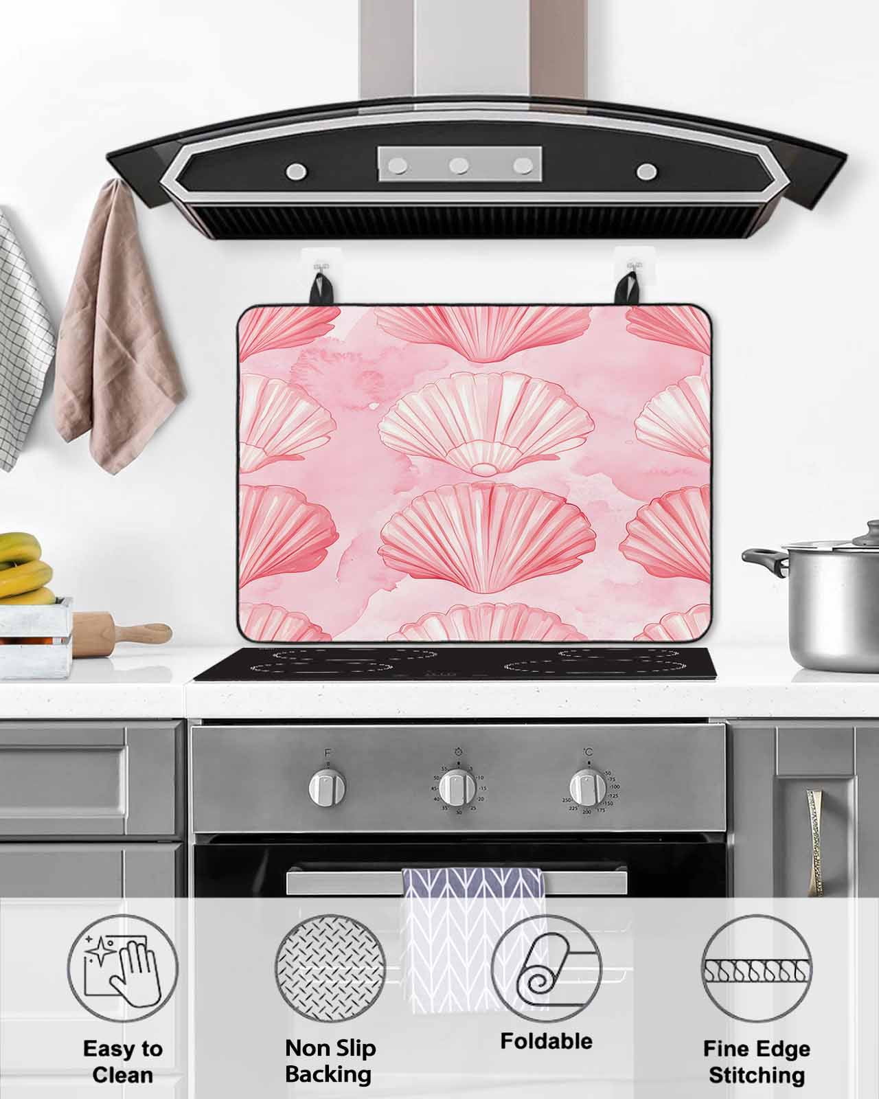 nqOlkjepod Large Induction Cooktop Protector Mat 36"x21", Pink Shell Coastal Stove Top Covers for Electric Stove, Summer Beach Nautical Ocean Stove Burner Cover Mats, Glass Top Stove Cover