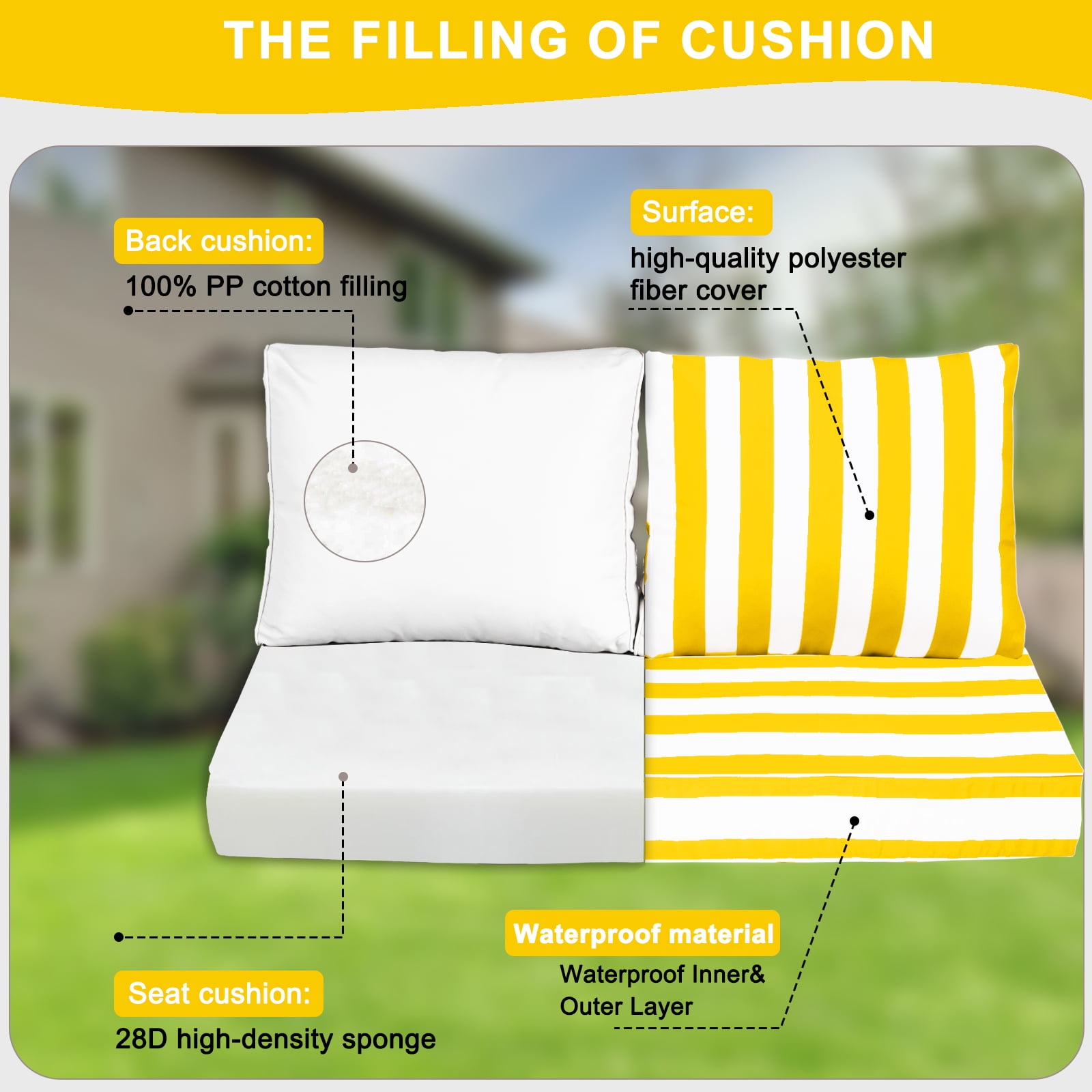 Outdoor Loveseat Cushions Set 48" x 24" Water Repellent & Fadeness Patio Furniture Cushions with Removable Cover and Ties, Patio Love Seat Sofa Cushions for Porch Garden Chair（Bright yellow white）