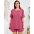 thumbnail image 6 of SHOWMALL Women's Plus Size Matching Sets Trendy Summer Co-ords Short Sleeve Shirt and Shorts Purple Red 4X, 6 of 7