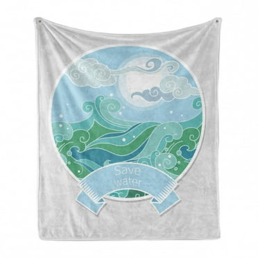 Nature Art Soft Flannel Fleece Throw Blanket, Save Water Message Awareness Lakes Waves Environmental Slogan, Cozy Plush for Indoor and Outdoor Use, 60" x 80", Sea Green and Azure Blue, by Ambesonne