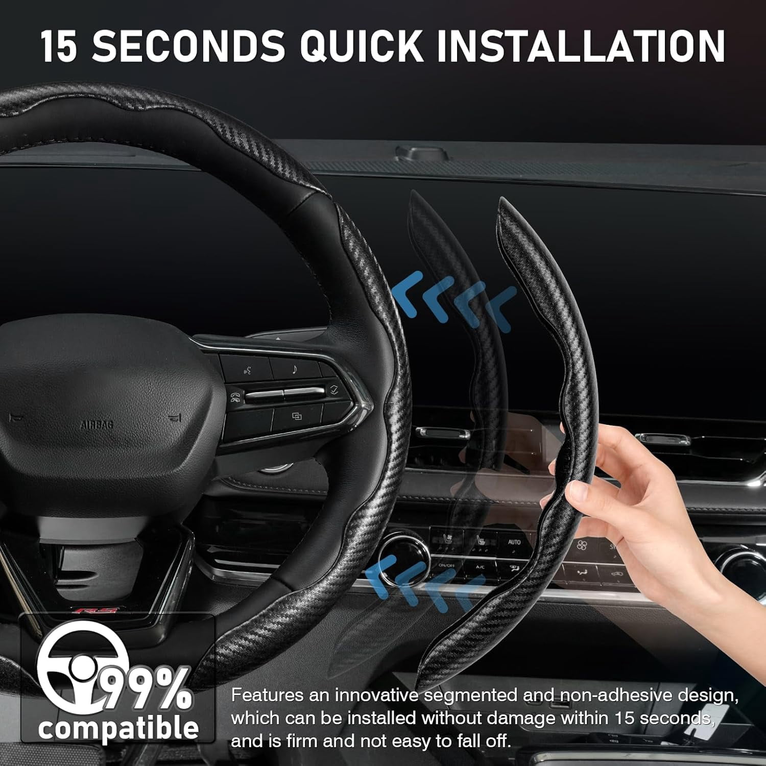 Canvcle 3 Piece Carbon Fiber Steering Wheel Cover, Car Steering Wheel Cover for Men/Women, Anti-Slip, Comfortable Grip, Durable, Universal for 99% Car Interior Accessories (Black)