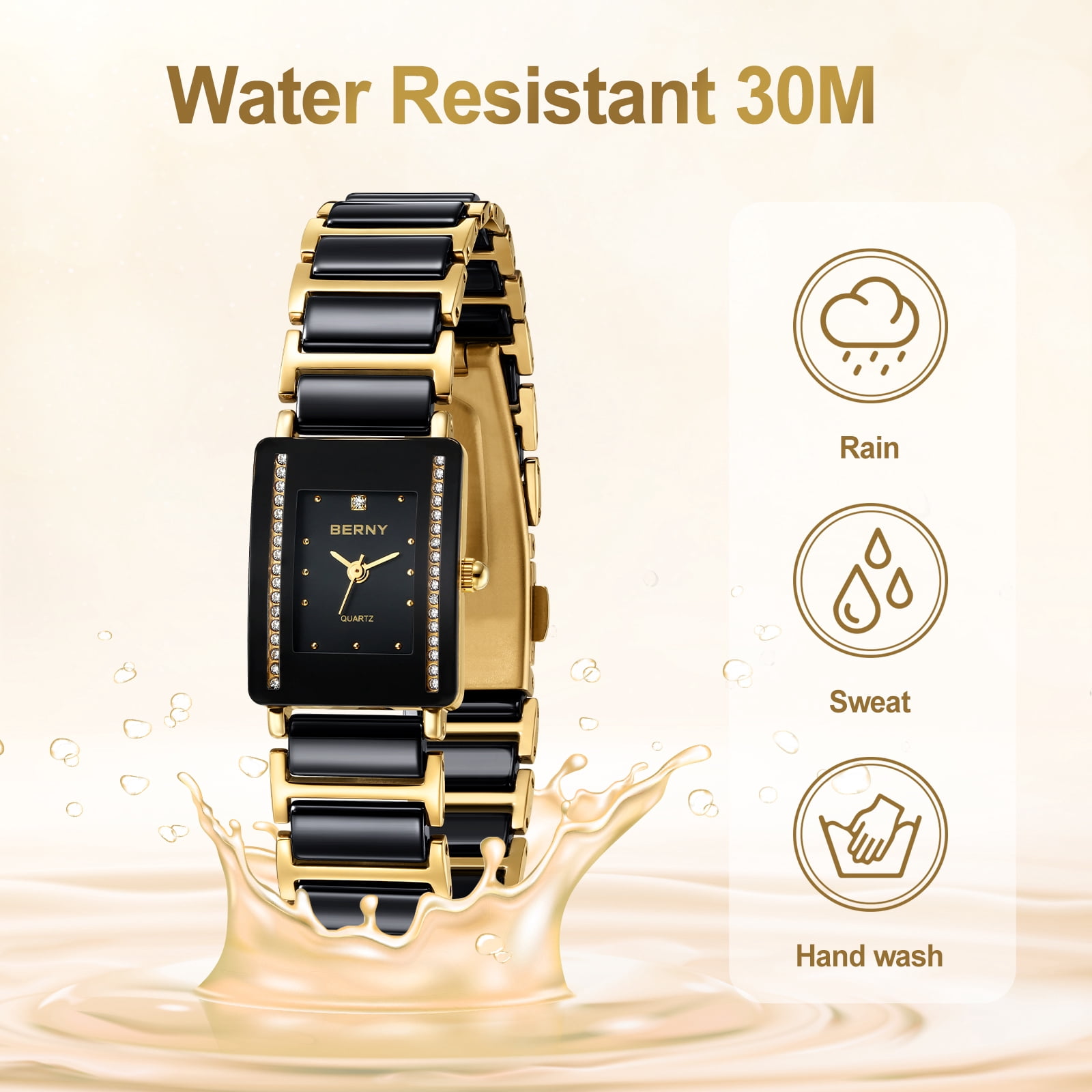 BERNY Watches for Women, Dainty Luxury Diamond Rectangular Case, Two Tone Stainless Steel Ceramic Bracelet Watch, Analog Quartz Waterproof, Fashion Ladies Small Dress Watch Gifts