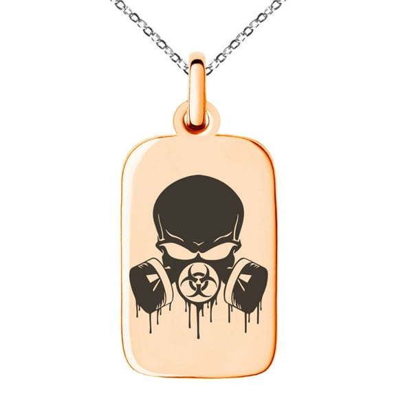 Stainless Steel Biohazard Skull Gas Mask Engraved Small Rectangle Dog Tag Charm Pendant Necklace