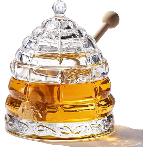 9 oz Beehive Crystal Honey Pot with 2 Dipper Sticks - Elegant Glass Jar Lid, No Drip Dispenser & Syrup Container for Home Kitchen Decor