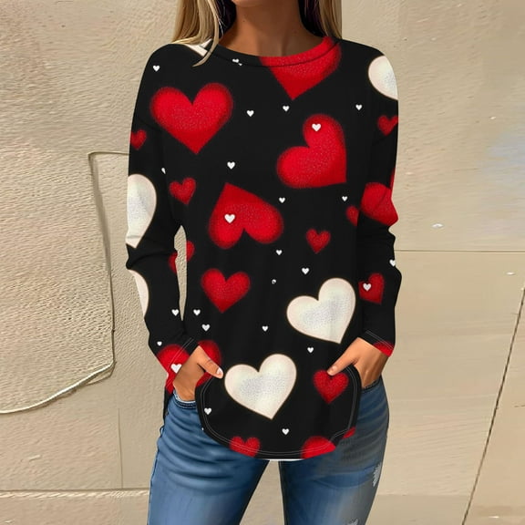 QUNYINEY Long Sleeve Womens Shirts Valentine's Day Black Crew Neck Casual Tops Loose Love Heart Pullover Drop Shoulder T-Shirts Women's Tops