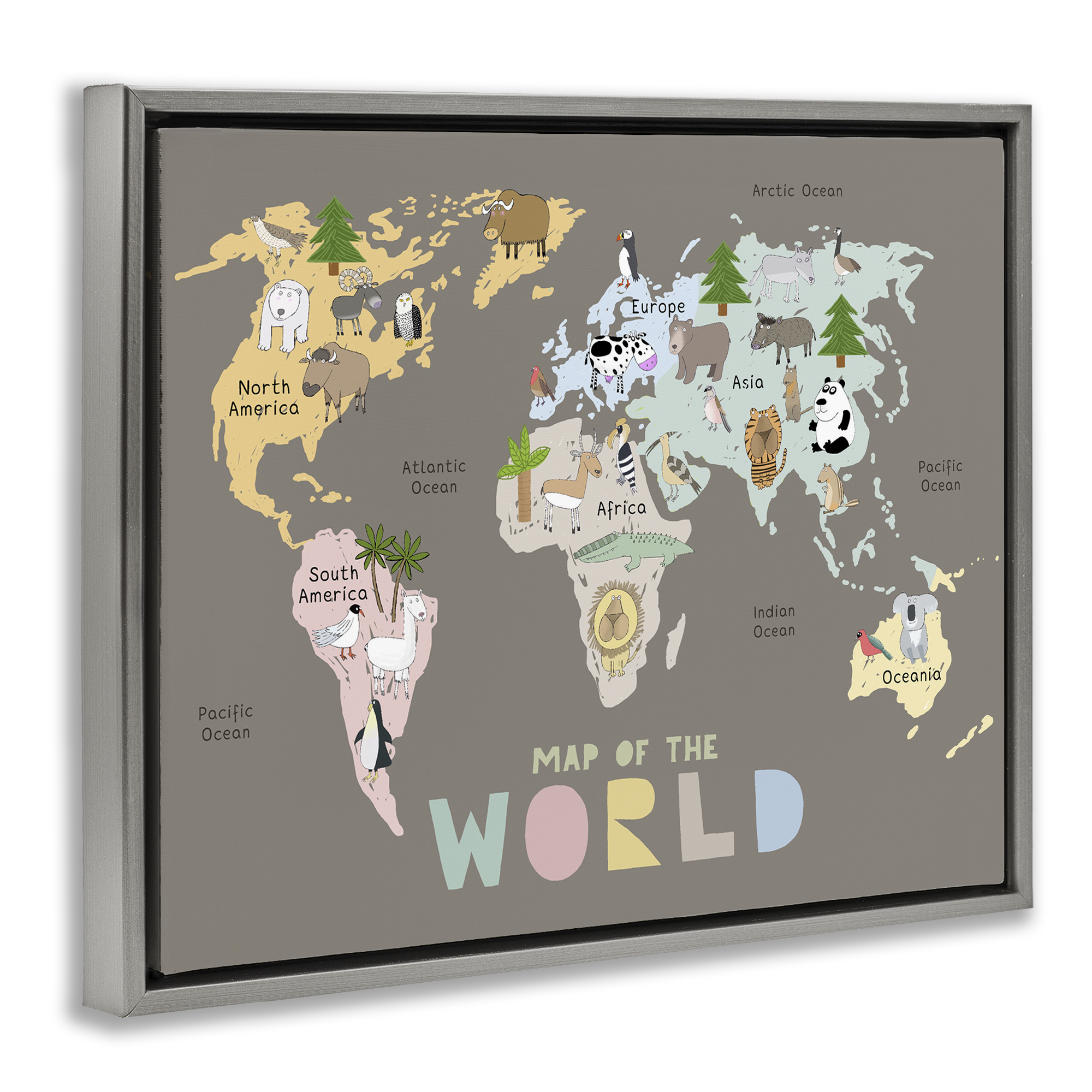 Kid's Map Of World Brown Gray Framed Floater Canvas Wall Art, design by Carla Daly