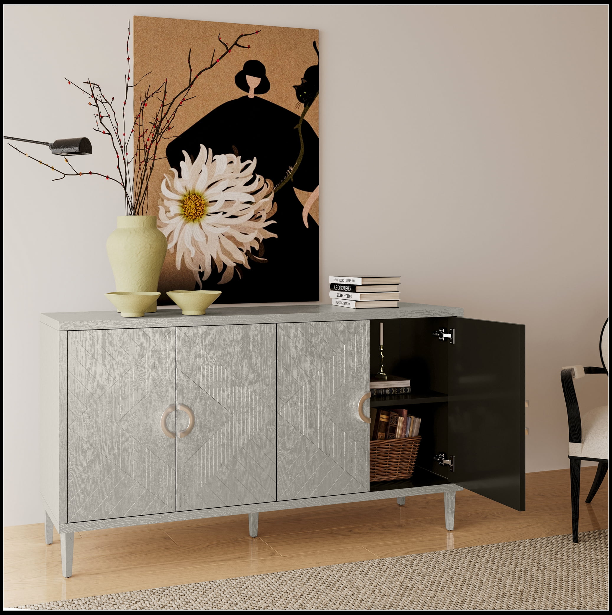 Stylish and Functional 4-Door Storage Cabinet with Pine Legs and MDF