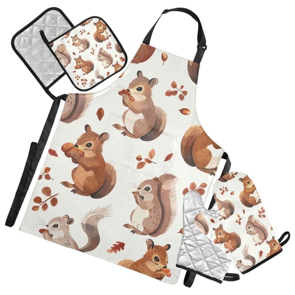 Squirrels Eating Nuts Leaves Apron Set with Oven Mitts Pot Holders Set of 5 Kitchen Stuff Accessories