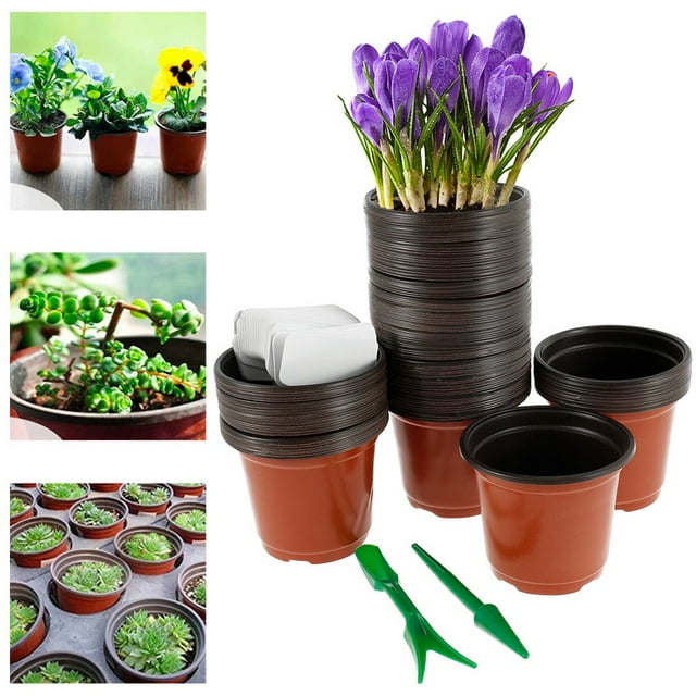 50/100Pcs Plastic Seedlings Plants Nursery Pots with 50/100Pcs Waterproof Plastic Plant Tags and 2Pcs/Set Transplanting Digging Mini Tools