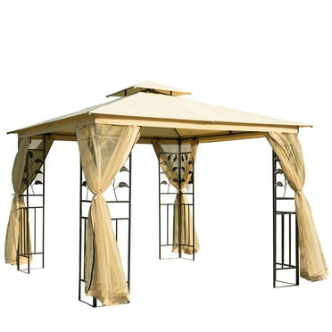 10' X 10' Metal Patio Gazebo,UV Protection,ventilation, Double Roof Outdoor Gazebo Canopy Shelter with Tree Motifs Corner Frame and Netting, for Garden, Lawn, Backyard, and Deck, Beige