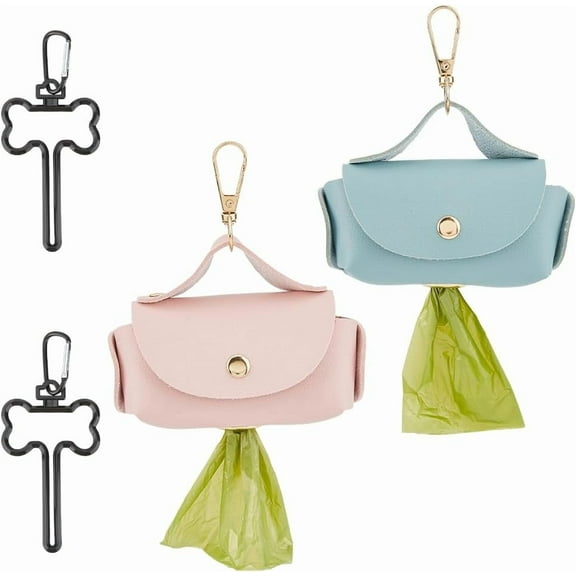 2PCS 2 Colors Dog Poop Bag Holder with 2PCS Pet Leash Clasp Puppy Waste Bag Dispenser Imitation Leather Dog Poop Dispenser Bags